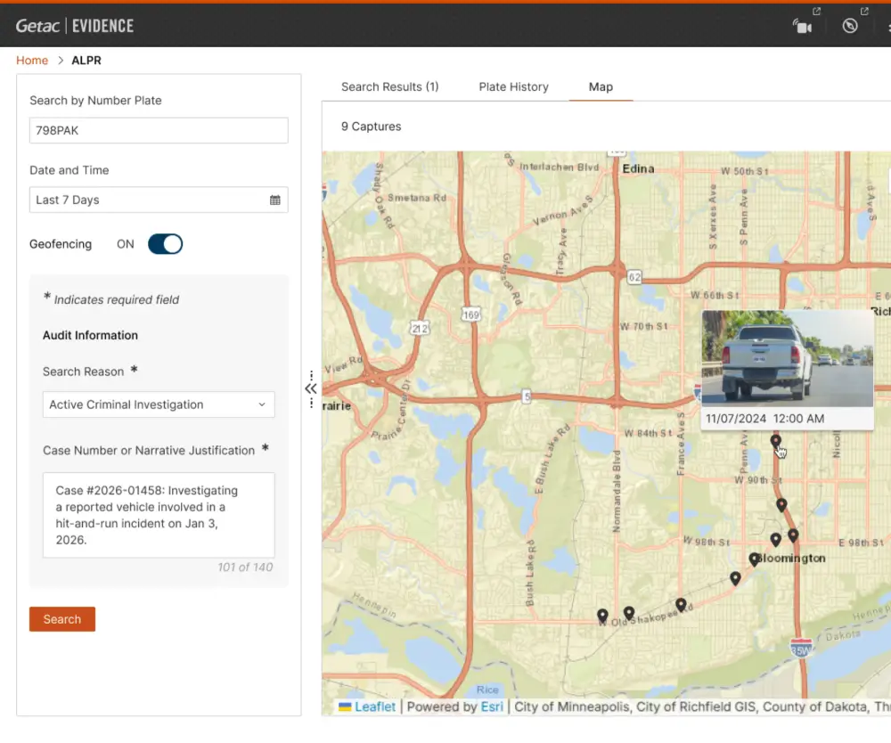 Getac ALPR search results