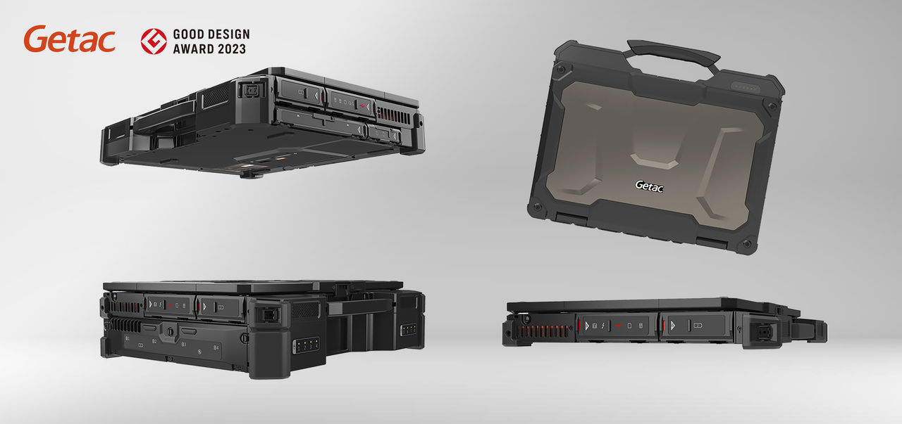 Multi-angle product views of the Getac X600 rugged laptop with Good Design Award 2023 badge