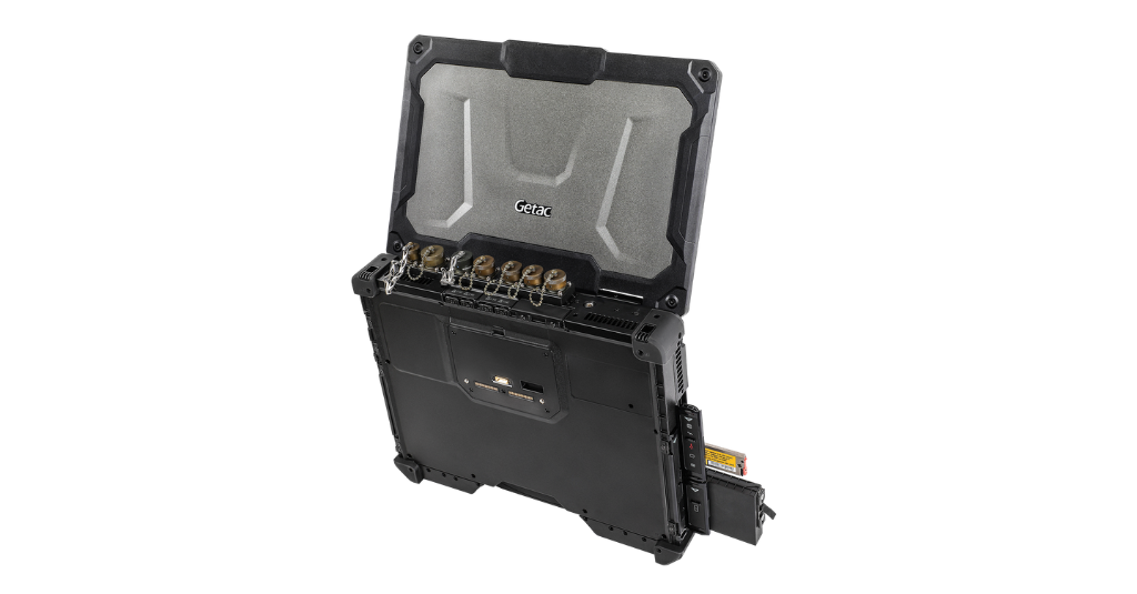Rugged laptop with custom chained port covers designed to prevent foreign object damage (FOD) and protect connectors during rough handling or transport