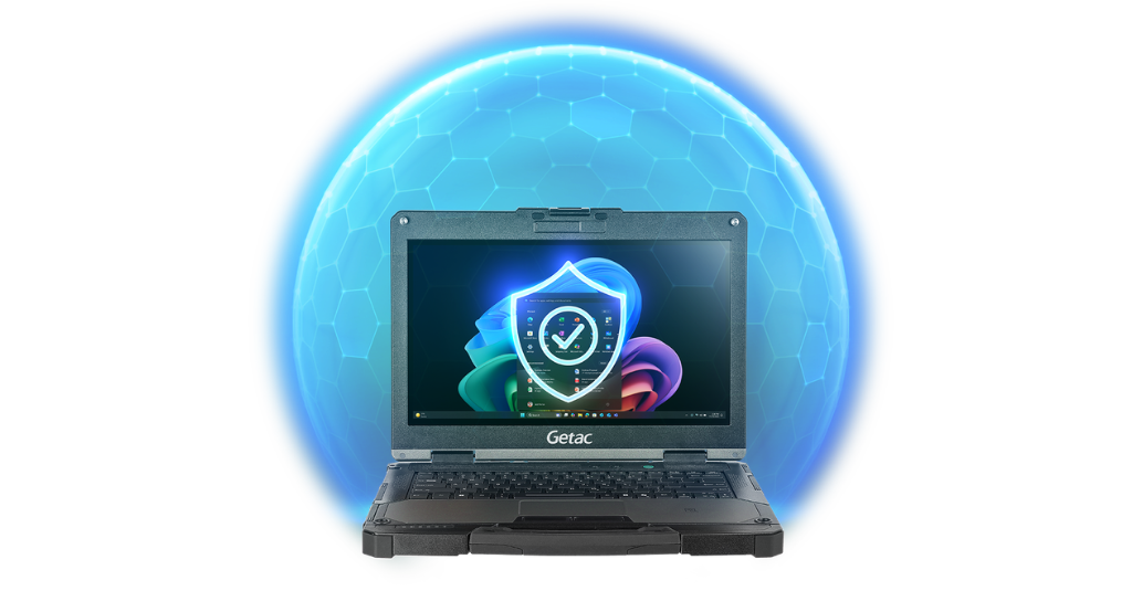 A Getac rugged laptop enclosed in a glowing blue hexagonal shield, symbolizing comprehensive hardware-level security for critical infrastructure.