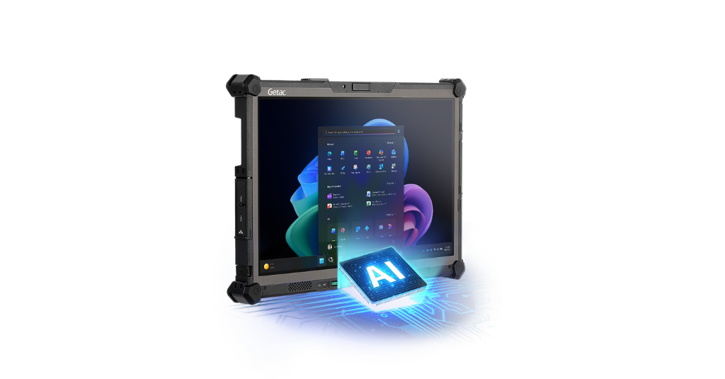 Getac G140 rugged tablet running Windows 11 with an on-device AI processor graphic, illustrating local AI processing capabilities