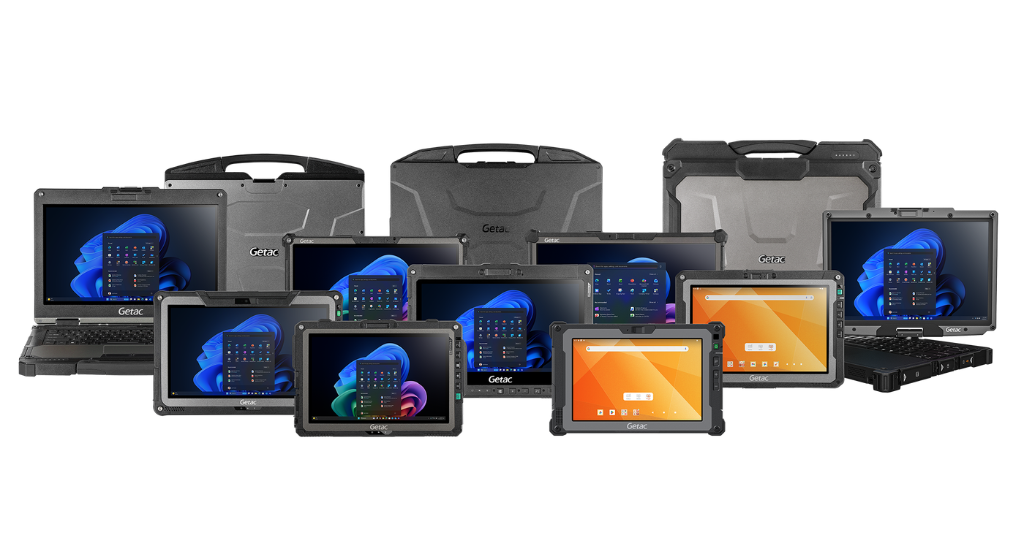 A lineup of Getac rugged laptops and tablets in various sizes, showcasing the full range of enterprise-grade rugged device configurations.