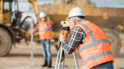 Two road construction workers using measuring device on the field