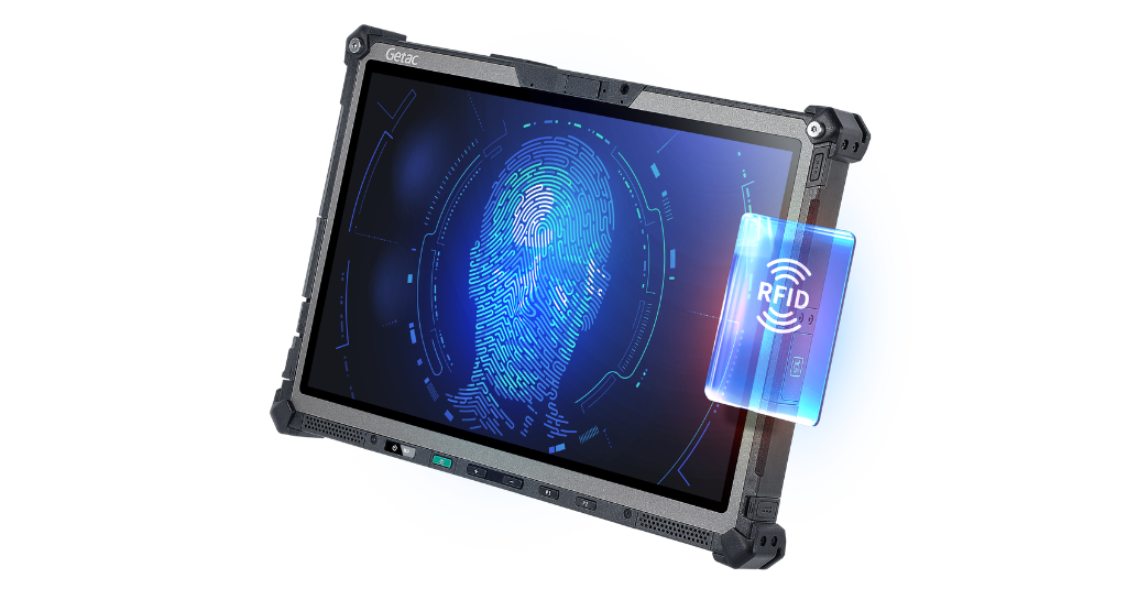 A Getac rugged tablet illustrating multi-factor authentication with a biometric scan on the screen and a holographic RFID card.