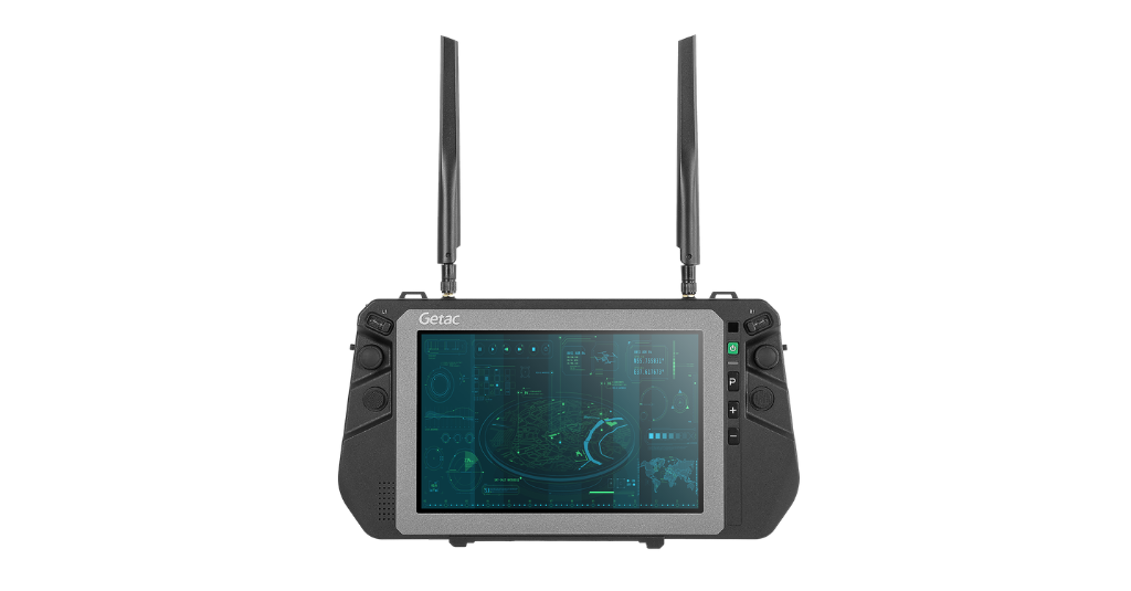 Getac rugged handheld drone controller with dual antennas and tactical radar display, designed for portable UAV command and control in the field.