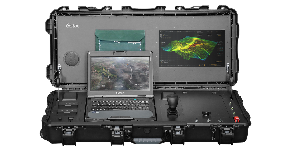 Getac CommandCore rugged Ground Control Station open case showing a Getac laptop, joystick drone controls, secondary display with terrain mapping data, and integrated mission accessories.
