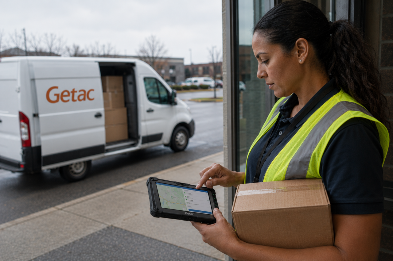 Last-mile delivery driver using a compact Getac rugged tablet for navigation, scanning, and proof of delivery