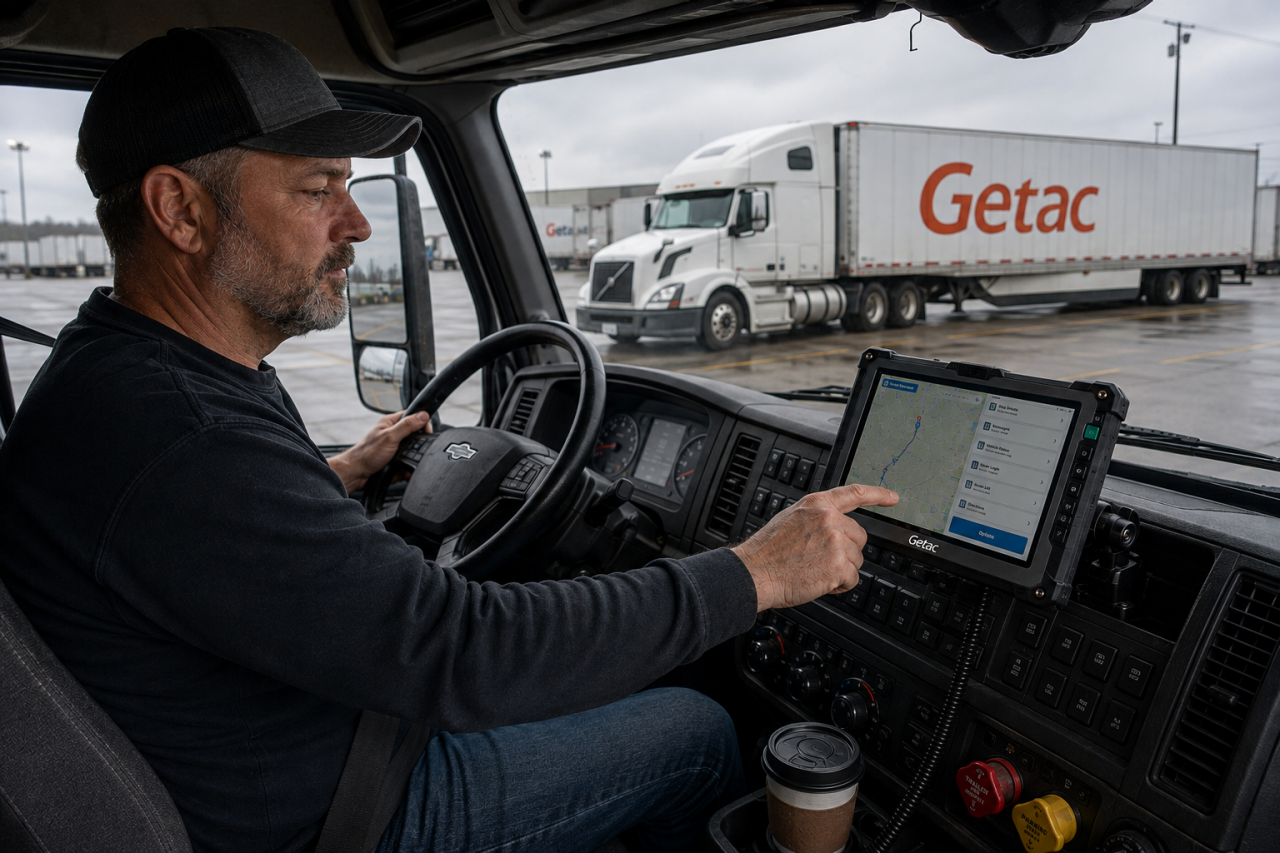 Long-haul truck driver using an in-cab Getac rugged tablet for ELD and HOS logging, navigation, and dispatch