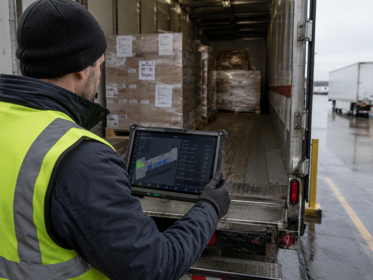 Freight worker verifying trailer loading with a Getac rugged tablet at a dock door