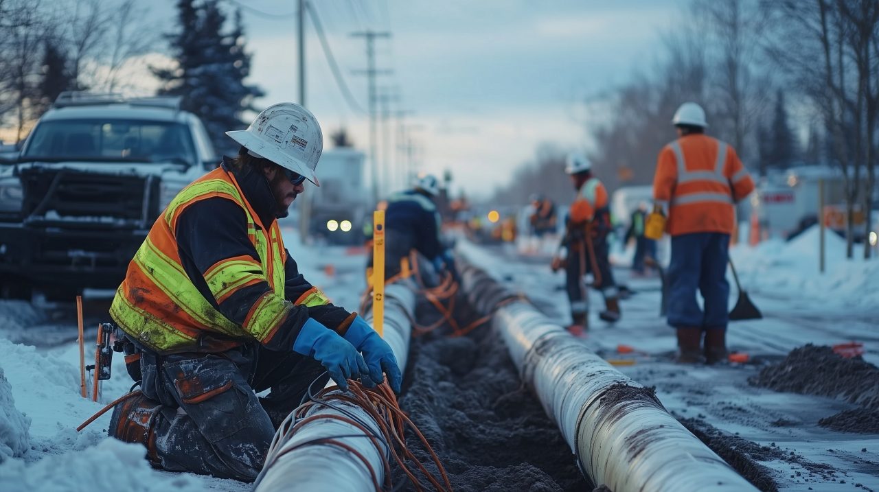 Telecom field technicians installing fiber infrastructure using rugged tablets and laptops to access GIS mapping and engineering documentation