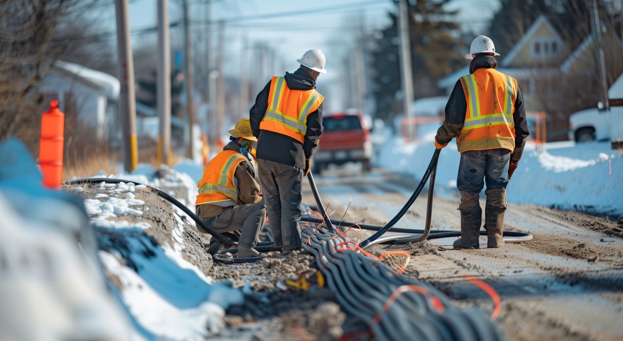 Telecom field technicians installing fiber conduit using rugged tablets and laptops for GIS mapping and construction planning