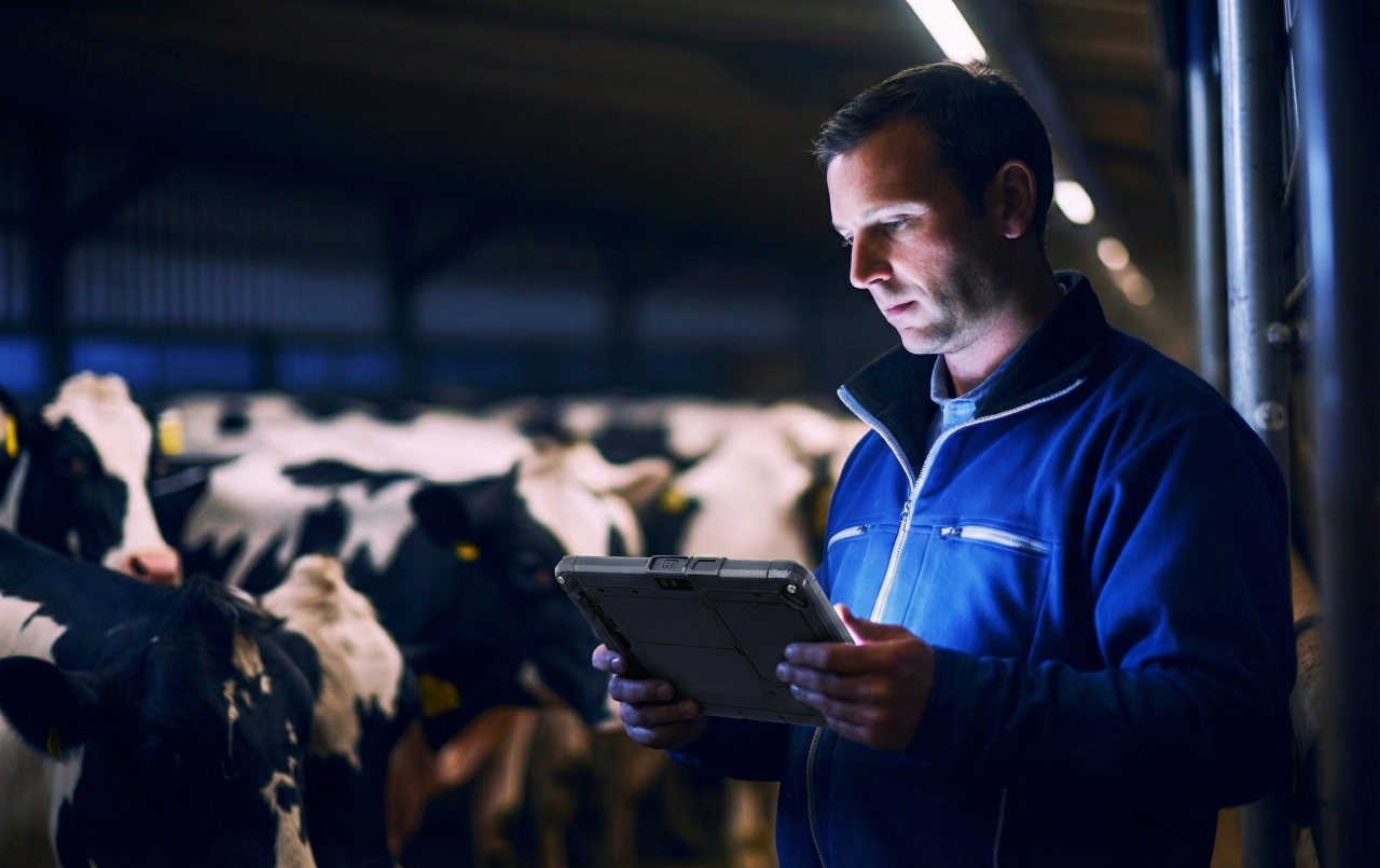 Feed yard worker using a Getac ZX10 rugged tablet beside cattle